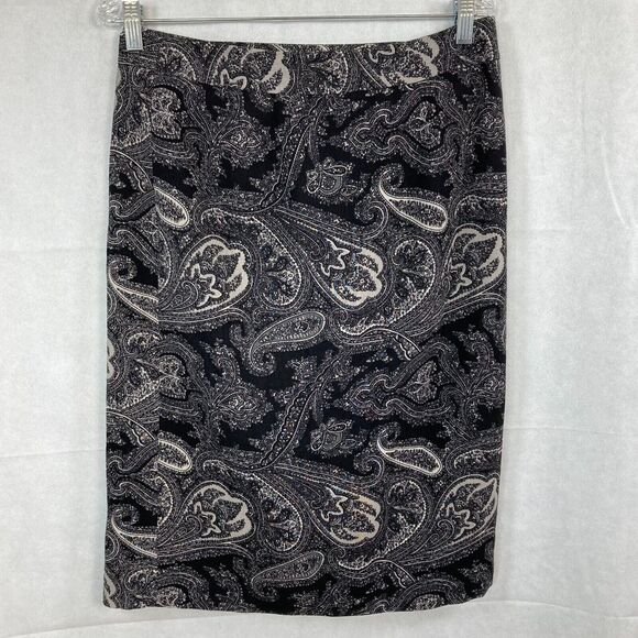 Talbots Skirt Womens Sz 6 Black Gray Paisley Wool Wrap Pencil‎ Lined Button - Picture 3 of 8